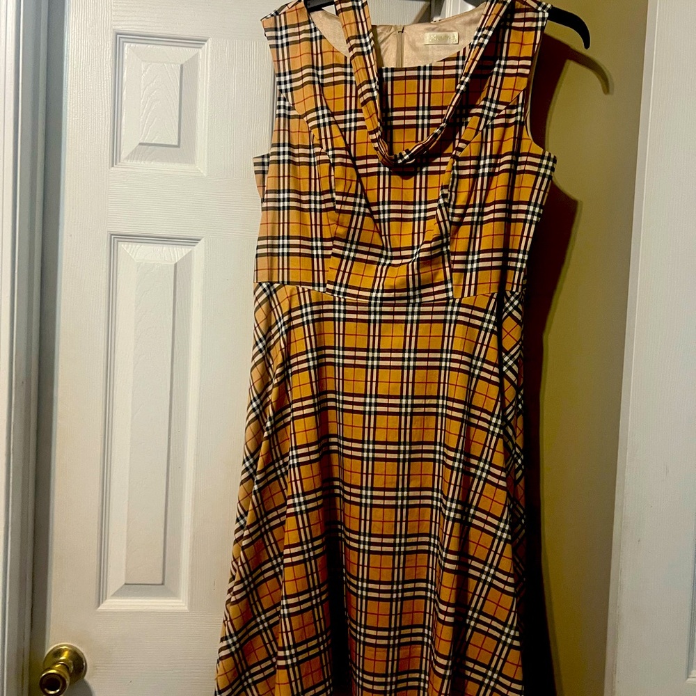 Burberry Yellow and Black Plaid Midi Dress